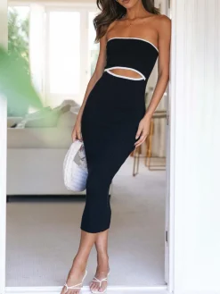 COMMENSE Stripe Cutout Rib Midi Tube Dress* White Dresses|Sweater Dresses
