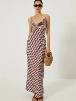 COMMENSE Stripe Low Cut Slim Long Dress* Casual Dresses|Cocktail & Party Dresses
