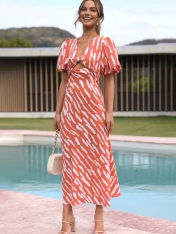 COMMENSE Stripe Pattern Cutout Long Dress* Casual Dresses|Vacation Dresses