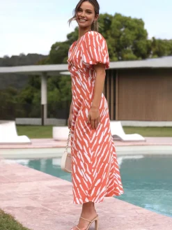 COMMENSE Stripe Pattern Cutout Long Dress* Casual Dresses|Vacation Dresses