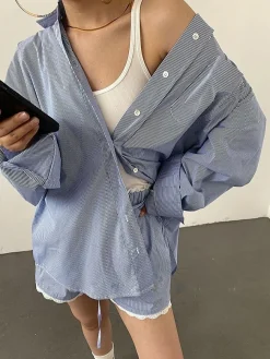 COMMENSE Stripe Textured Long Sleeve Shorts Set* Shorts Sets|Shorts
