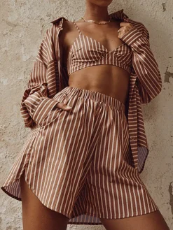 COMMENSE Stripe Three Piece Shorts Set* Shorts Sets|Long Sleeve Sets