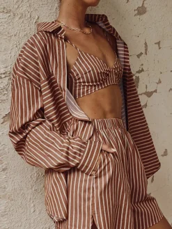 COMMENSE Stripe Three Piece Shorts Set* Shorts Sets|Long Sleeve Sets
