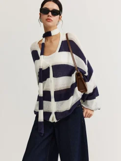 COMMENSE Striped Breasted Thin Cardigan With Scarf* Cardigans|Sweaters & Cardigans