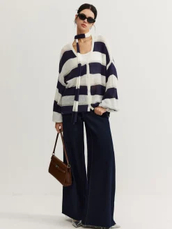 COMMENSE Striped Breasted Thin Cardigan With Scarf* Cardigans|Sweaters & Cardigans