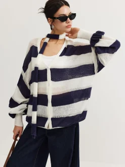 COMMENSE Striped Breasted Thin Cardigan With Scarf* Cardigans|Sweaters & Cardigans