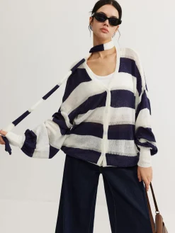 COMMENSE Striped Breasted Thin Cardigan With Scarf* Cardigans|Sweaters & Cardigans