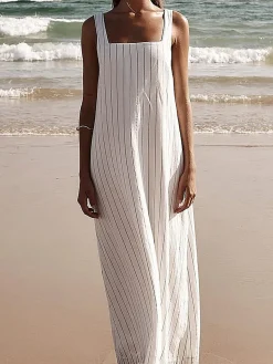 COMMENSE Striped Cami Long Dress* White Dresses|Casual Dresses