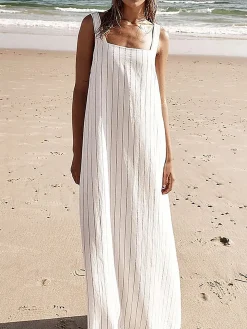 COMMENSE Striped Cami Long Dress* White Dresses|Casual Dresses