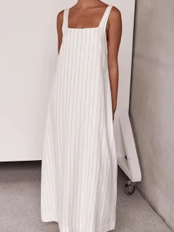 COMMENSE Striped Cami Long Dress* White Dresses|Casual Dresses