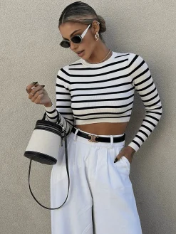 COMMENSE Striped Crop Bodycon Knit Top* Sweater Tops|Sweaters & Cardigans