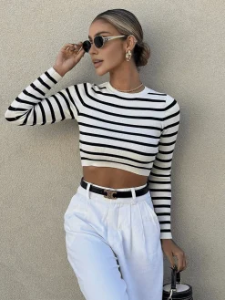 COMMENSE Striped Crop Bodycon Knit Top* Sweater Tops|Sweaters & Cardigans
