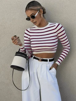 COMMENSE Striped Crop Bodycon Knit Top* Sweater Tops|Sweaters & Cardigans