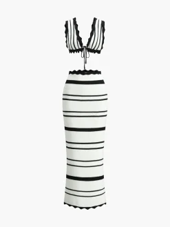 COMMENSE Striped Knotted Backless Skirt Set* Skirt Sets|Long Sleeve Sets