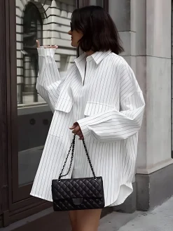 COMMENSE Striped Large Pockets Long Sleeve Shirt* Blouses & Shirts|Tops