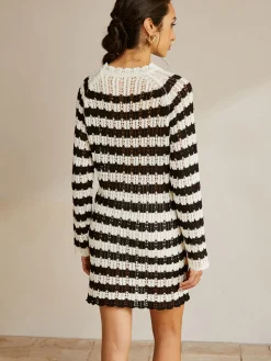 COMMENSE Striped Lettuce Trim Hollow Sweater* Sweater Tops|Sweaters & Cardigans