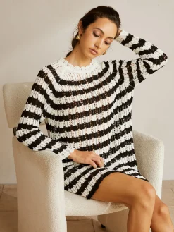 COMMENSE Striped Lettuce Trim Hollow Sweater* Sweater Tops|Sweaters & Cardigans