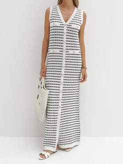 COMMENSE Striped Metal Button Long Sweater Dress* Sweater Dresses|Work Dresses