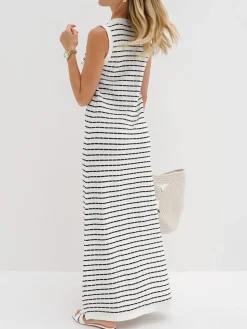 COMMENSE Striped Metal Button Long Sweater Dress* White Dresses|Black Dresses