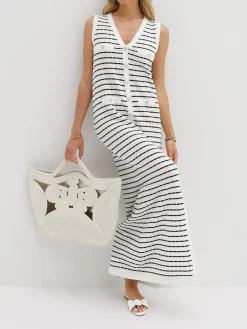 COMMENSE Striped Metal Button Long Sweater Dress* White Dresses|Black Dresses