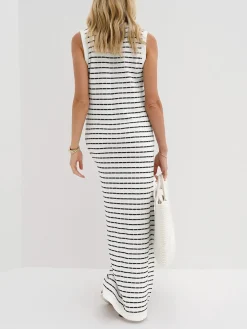 COMMENSE Striped Metal Button Long Sweater Dress* White Dresses|Black Dresses