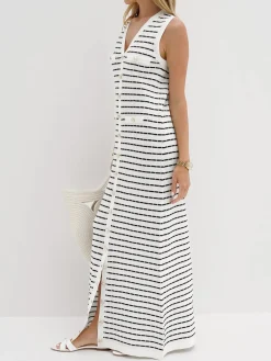 COMMENSE Striped Metal Button Long Sweater Dress* White Dresses|Black Dresses