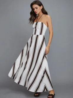 COMMENSE Striped Off-Shoulder Long Dress* White Dresses|Cocktail & Party Dresses