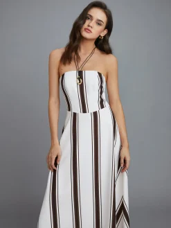 COMMENSE Striped Off-Shoulder Long Dress* White Dresses|Cocktail & Party Dresses