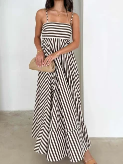 COMMENSE Striped Pleated Cami Long Dress* Casual Dresses|Vacation Dresses