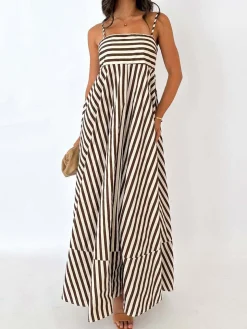 COMMENSE Striped Pleated Cami Long Dress* Casual Dresses|Vacation Dresses