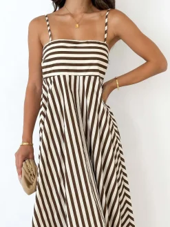 COMMENSE Striped Pleated Cami Long Dress* Casual Dresses|Vacation Dresses