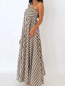 COMMENSE Striped Pleated Cami Long Dress* Casual Dresses|Vacation Dresses