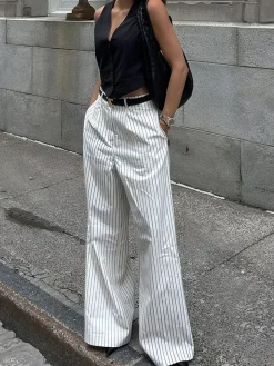 COMMENSE Striped Pockets Wide Leg Pants Without Belt* Wide Leg|Pants