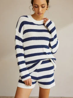 COMMENSE Striped Ribbed Sweater Shorts Set* Shorts Sets|Shorts