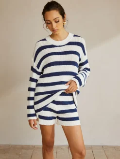 COMMENSE Striped Ribbed Sweater Shorts Set* Shorts Sets|Shorts
