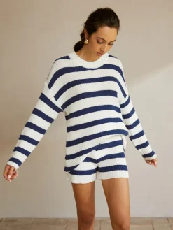 COMMENSE Striped Ribbed Sweater Shorts Set* Shorts Sets|Shorts