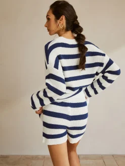 COMMENSE Striped Ribbed Sweater Shorts Set* Shorts Sets|Shorts