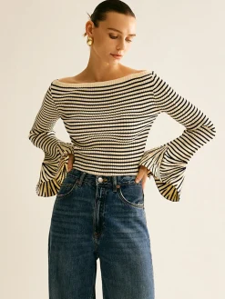 COMMENSE Striped Ruffle-Sleeve Knit Top* Sweater Tops|Sweaters & Cardigans