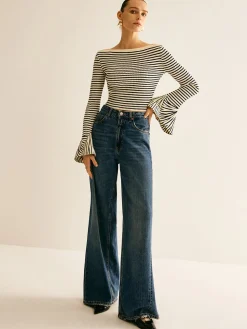 COMMENSE Striped Ruffle-Sleeve Knit Top* Sweater Tops|Sweaters & Cardigans
