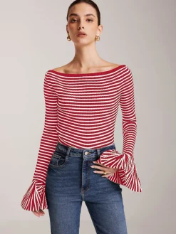 COMMENSE Striped Ruffle-Sleeve Knit Top* Sweater Tops|Sweaters & Cardigans