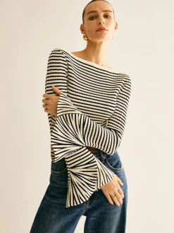 COMMENSE Striped Ruffle-Sleeve Knit Top* Sweater Tops|Sweaters & Cardigans