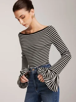 COMMENSE Striped Ruffle-Sleeve Knit Top* Sweater Tops|Sweaters & Cardigans