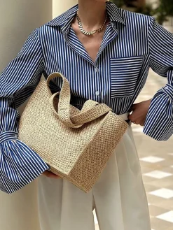 COMMENSE Striped Ruffle-Sleeve Polo Shirt* Blouses & Shirts|Tops