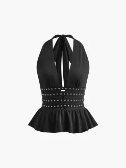 COMMENSE Studded Detail Ruffle Halter Top* Tank Tops & Camis|Tops