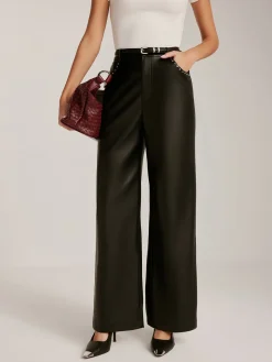 COMMENSE Studded-Decor PU Leather Straight Pants* Pants|Bottoms