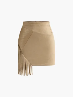 COMMENSE Suede Irregular Tassel Mini Skirt* Bottoms