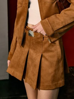 COMMENSE Suede Pleated Pockets Skirt With Belt* Skirts|Matching Sets