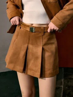 COMMENSE Suede Pleated Pockets Skirt With Belt* Skirts|Matching Sets