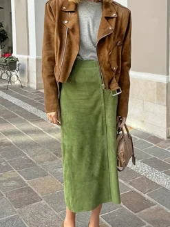 COMMENSE Suede Slit Zipper Skirt* Skirts|Bottoms
