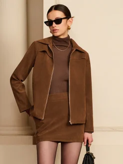 COMMENSE Suede Zipper Jacket With Shoulder Pads* Outerwear|Jackets